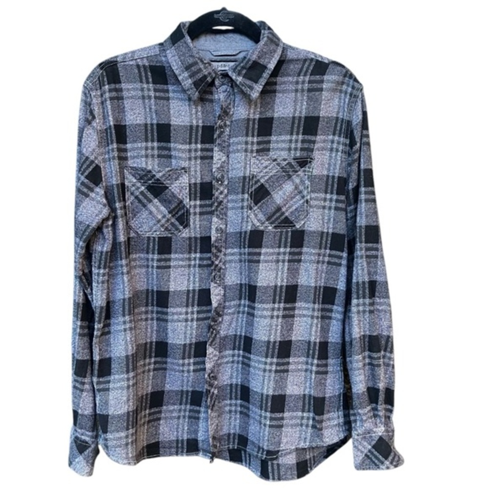 PD&C Men's M Gray Black Plaid Stretch Flannel Shirt